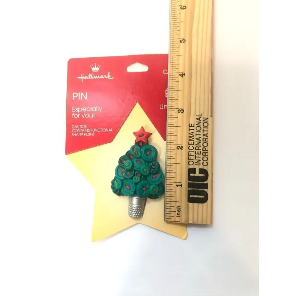 Vintage Hallmark Christmas Tree Button Thimble‎ Pin Green Red Holiday Brooch